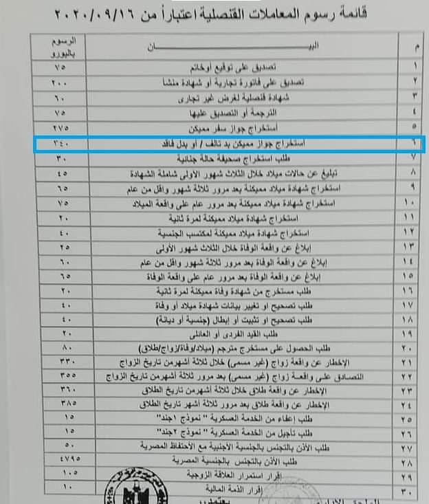 قائمة رسوم المعاملات القنصليه المصريه