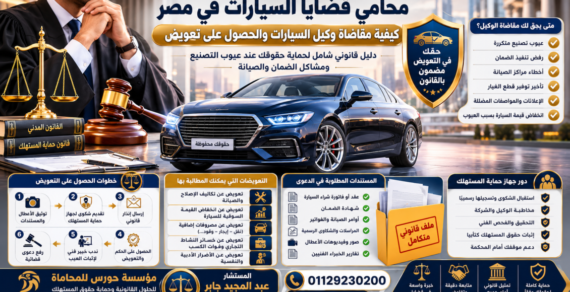 محامي قضايا السيارات في مصر | كيفية مقاضاة وكيل السيارات والحصول على تعويض